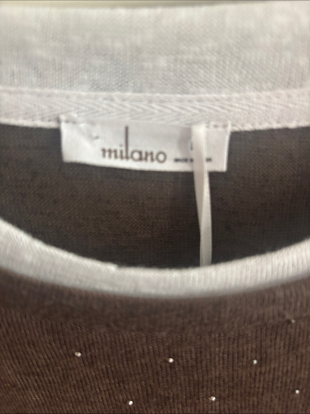 Milano Brown Short-Sleeve Crewneck Top with Cream Trim and Sparkled Dots